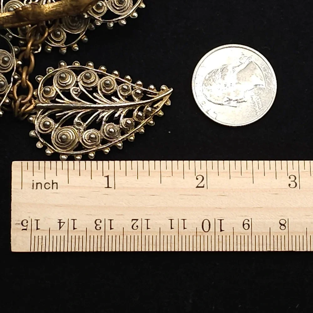 Vintage Filigree Dangle Leaf Brooch Statement‎ Nature Gold & Silver Tone Ornate
